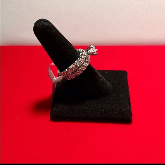 Silver Round Cut Rhinestone Wedding Rings Set - Picture 5 of 11